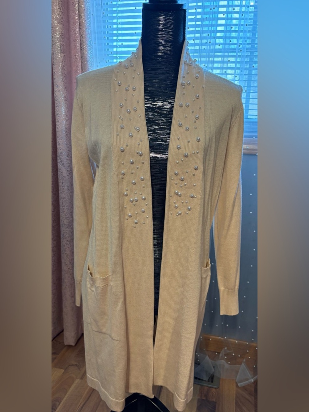 Pearl-Accent Open Front Cardigan - Cream
